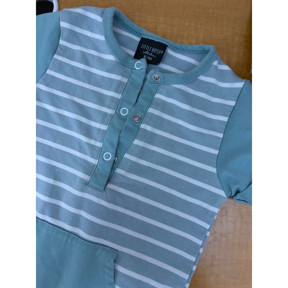 Little Bipsy Collection Sage Green Striped Henley Romper 18-24M Short Sleeve